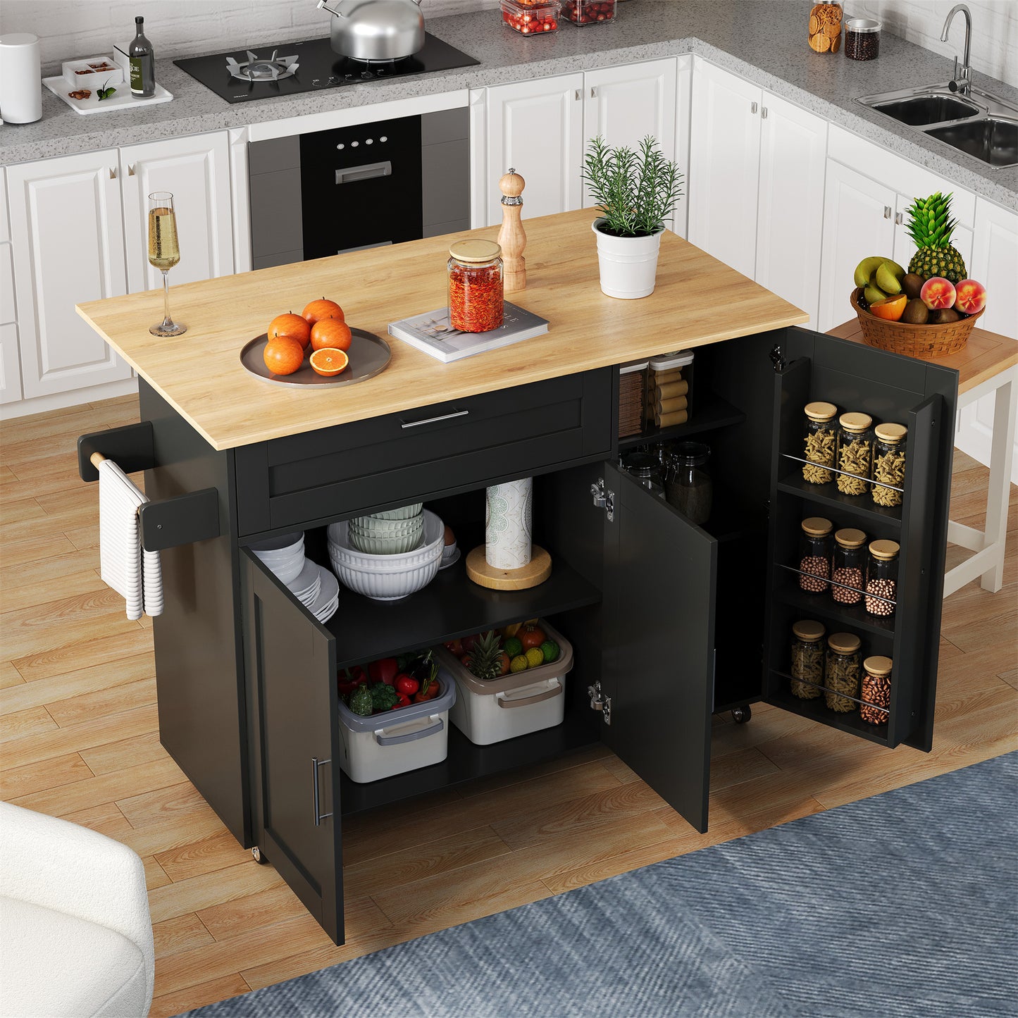 Keukentrolley – Keukenwagen – Serveerwagen – Keukenrek – Mobiele Keukentrolley – Uitschuifbaar Werkblad – 132,5x44-70x90 cm – Hout Met Eikenlook
