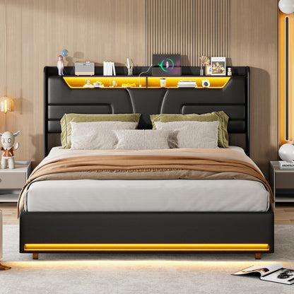 Tweepersoonsbed – Led Bed – Opbergbed – Gasliftbed – PU Leer Bed – 140x200 cm – LED Verlichting Met Afstandsbediening – Ingebouwde USB- en Type-C-poorten
