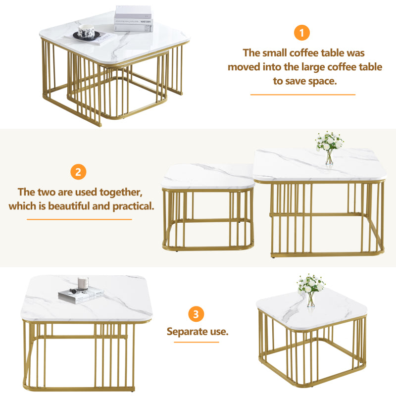 Salontafel – Bijzettafel – Woonkamertafel – Koffietafel – Nesting Tables – Hoogglans Marmerlook – Gouden Metalen Poten – Set van 2 – 70x70x45 cm & 50x50x36,5 cm