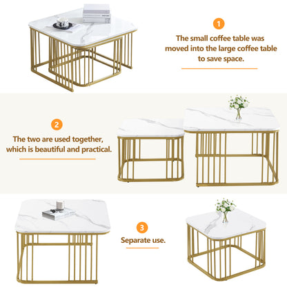 Salontafel – Bijzettafel – Woonkamertafel – Koffietafel – Nesting Tables – Hoogglans Marmerlook – Gouden Metalen Poten – Set van 2 – 70x70x45 cm & 50x50x36,5 cm