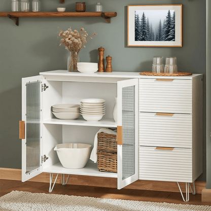 Keukenkastje – Keukenbuffet – Keukenmeubel – Opbergkast – Onderkast – 3 Laden – 2 Glazen Deuren – MDF Wit – Compact 108x85x40 cm