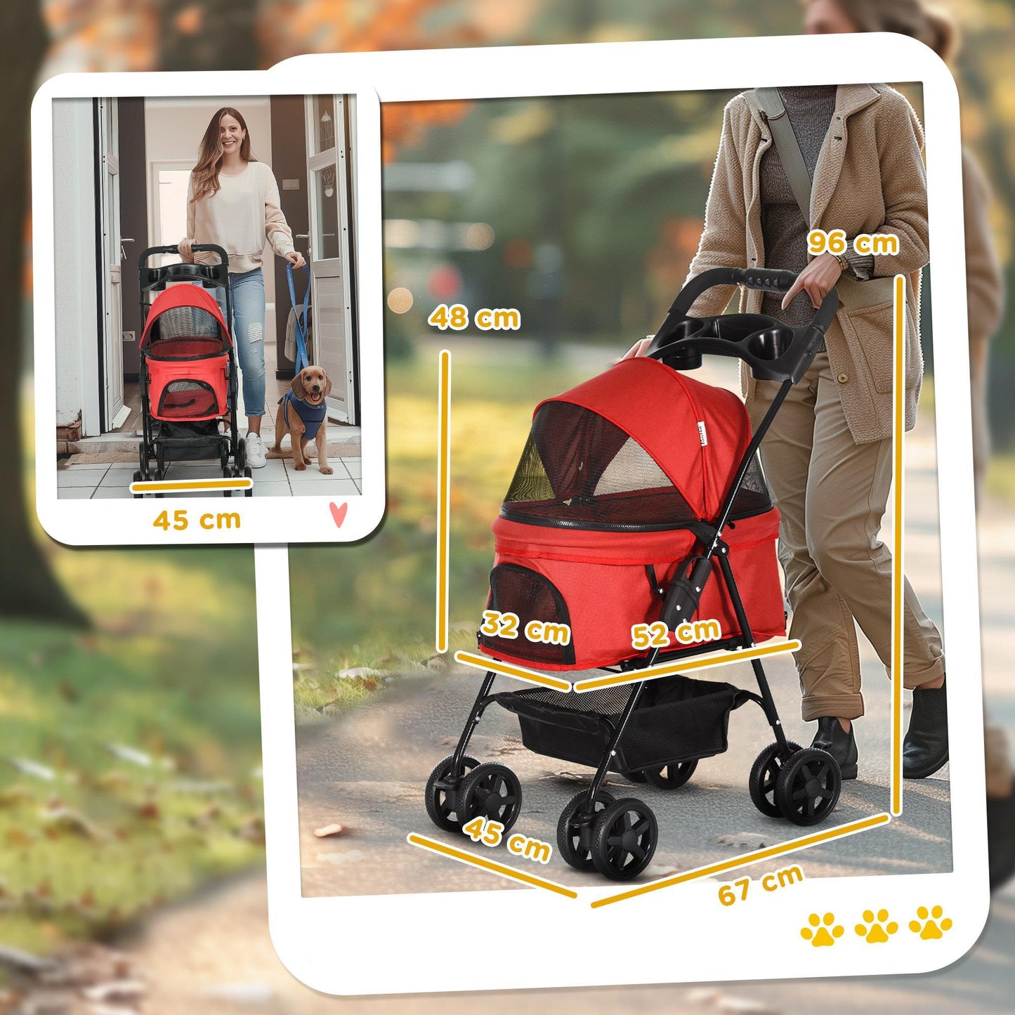 Huisdierwagen – Hondenbuggy – Kattenbuggy – Dierenwagen – Wandelwagen – Opvouwbaar – IJzeren Frame – 360° Draaibare Voorwielen – Remmen Achterwielen – Ventilerend Mesh – Ruime Opbergruimte – Lichtgewicht Rood