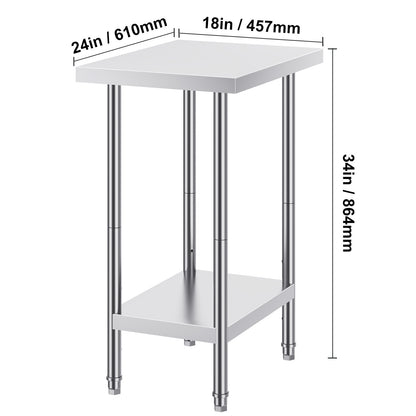 Werktafel – Werkbank – Werkbanktafel – RVS Tafel – Keukentafel – Roestvrij Staal – 60x45x86 cm – 3 Verstelbare Legplanken