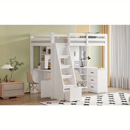 Hoogslaper – Stapelbed – Bedbank – Kinderbed – Eenpersoonsbed – Met Bureau en Opbergruimte – Stevig Wit Frame – 200 cm Hoog