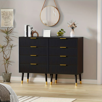 Ladekast – Ladekasten – Dressoir – Opbergkast – Ladenkast Zwart – Fluted Design – Gouden Metalen Poten – Compact Formaat – Geen Montage Nodig