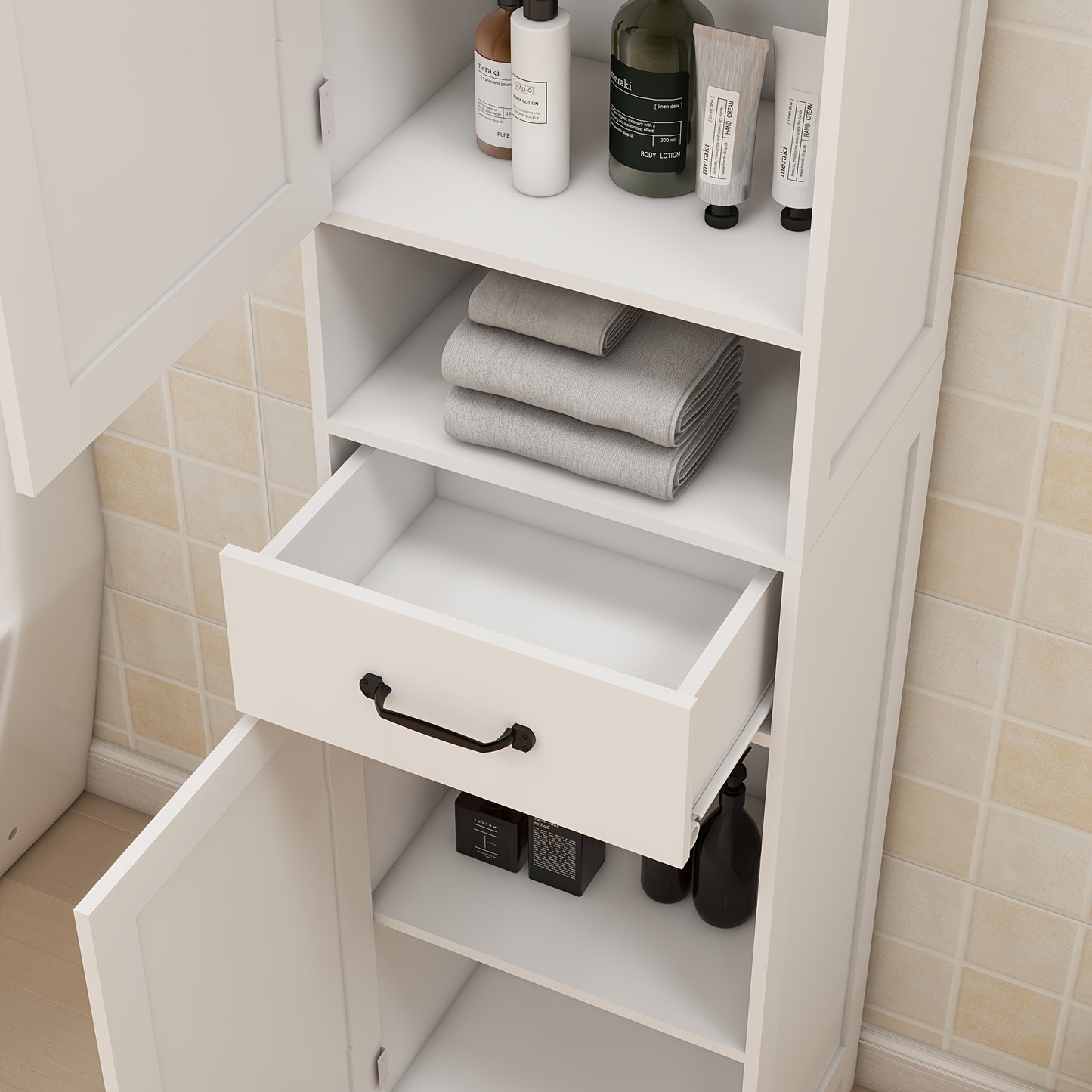 Bathroom cabinet, can be placed in the living room, bedroom and bathroom, 1 open space can store toiletries, 2 large cabinet doors can store more daily necessities, with large capacity drawers and door handles, white