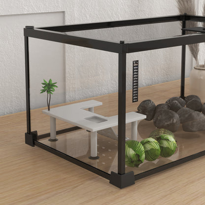 Terrarium voor schildpadden – Reptielenbak – Vivarium – Terrariumkast – Reptielenhuis – Met Sluitbaar Metalen Gaasdeksel – Gemaakt van Glas en Metaal – Inclusief Platform met Oprit en Thermometer – Afmetingen 50x30x25 cm