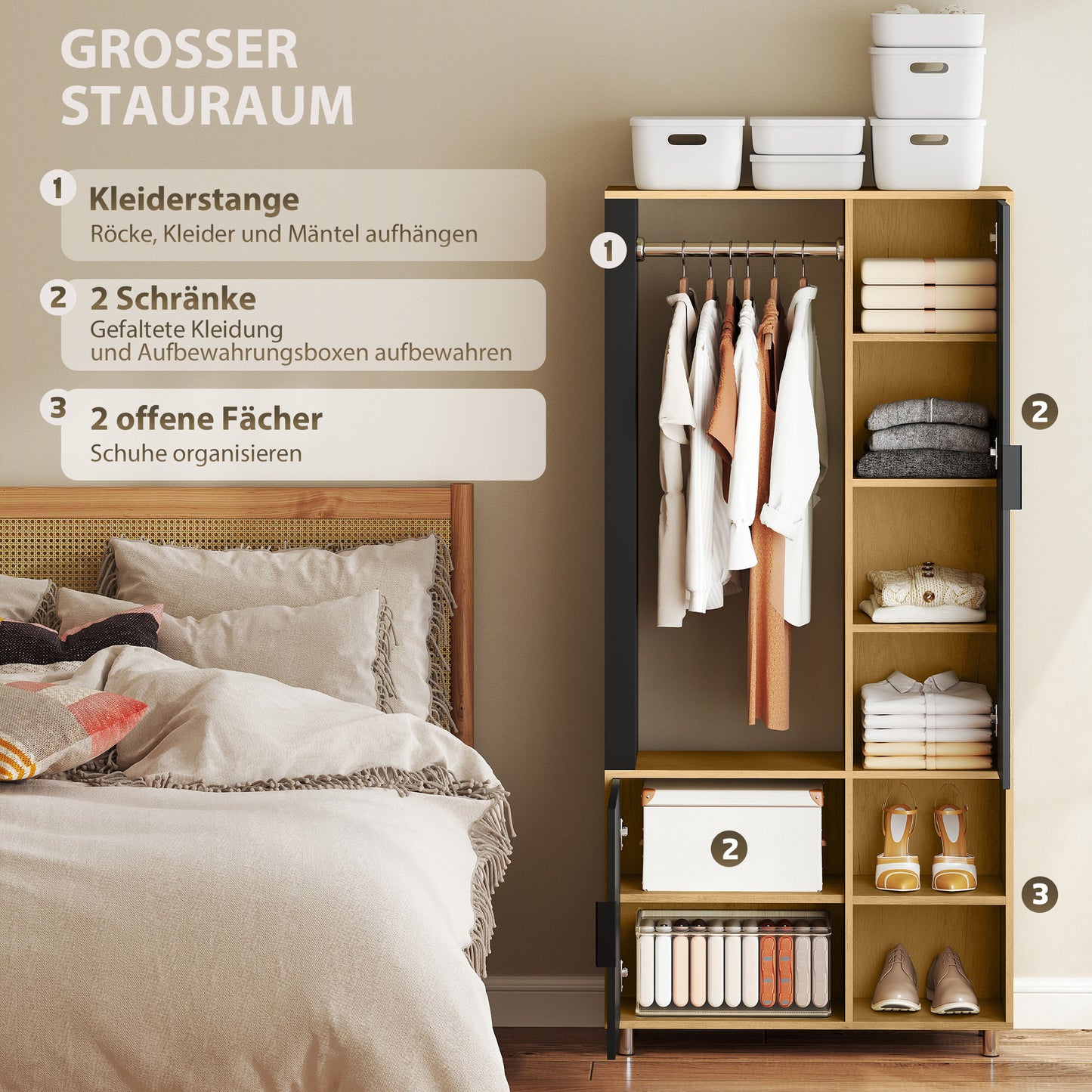 Kast Met Spiegel – Kledingkast – Garderobekast – Opbergkast – Halmeubel – Natuurlijk Hout En Zwart Staal – Met Kledingroede En Open Planken