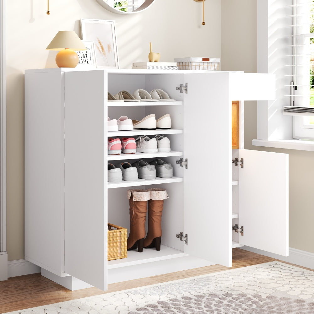 Schoenenkast – Schoenenrek – Schoenenopberger – Schoenenbank – Halmeubel – Wit – Verstelbare Planken en Lades – Ruimtebesparend voor 14-18 Paar Schoenen