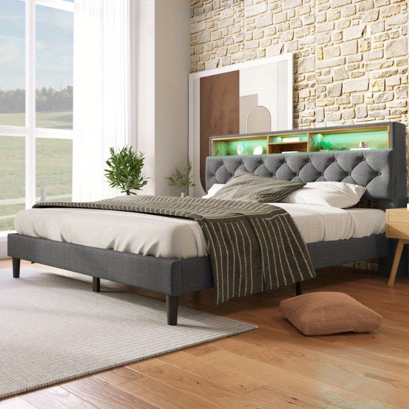 Bed Met Opbergruimte – Tweepersoonsbed – Slaapbed – Ledikant – Boxspring – Matras Inclusief – Gestoffeerd Grijs – Houten Lattenbodem – 140x200 cm