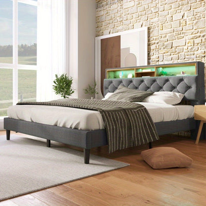 Bed Met Opbergruimte – Tweepersoonsbed – Slaapbed – Ledikant – Boxspring – Matras Inclusief – Gestoffeerd Grijs – Houten Lattenbodem – 140x200 cm