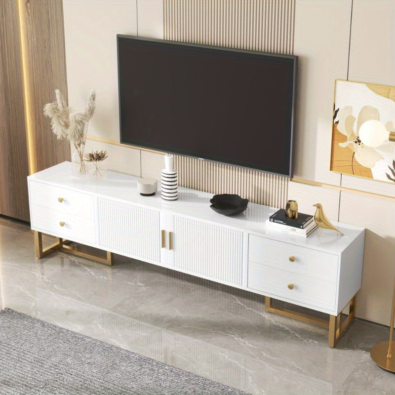 Low TV Cabinet with Structured Door TV Furniture with Drawers Golden Handles and Golden Feet