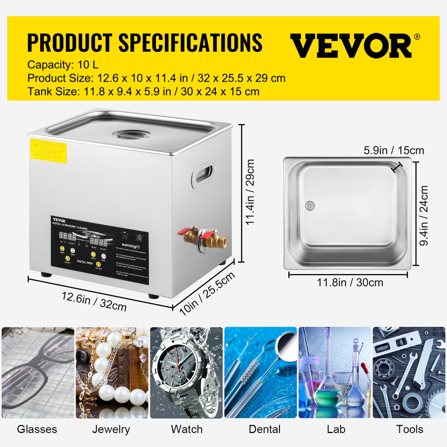 Ultrasone reiniger – Ultrasoon apparaat – Sieraden reiniger – Brillen reiniger – Horloge reiniger – 10 liter capaciteit – Verwarmingsfunctie tot 80°C