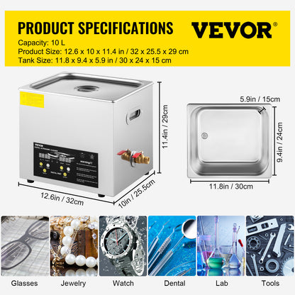 Ultrasone reiniger – Ultrasoon apparaat – Sieraden reiniger – Brillen reiniger – Horloge reiniger – 10 liter capaciteit – Verwarmingsfunctie tot 80°C