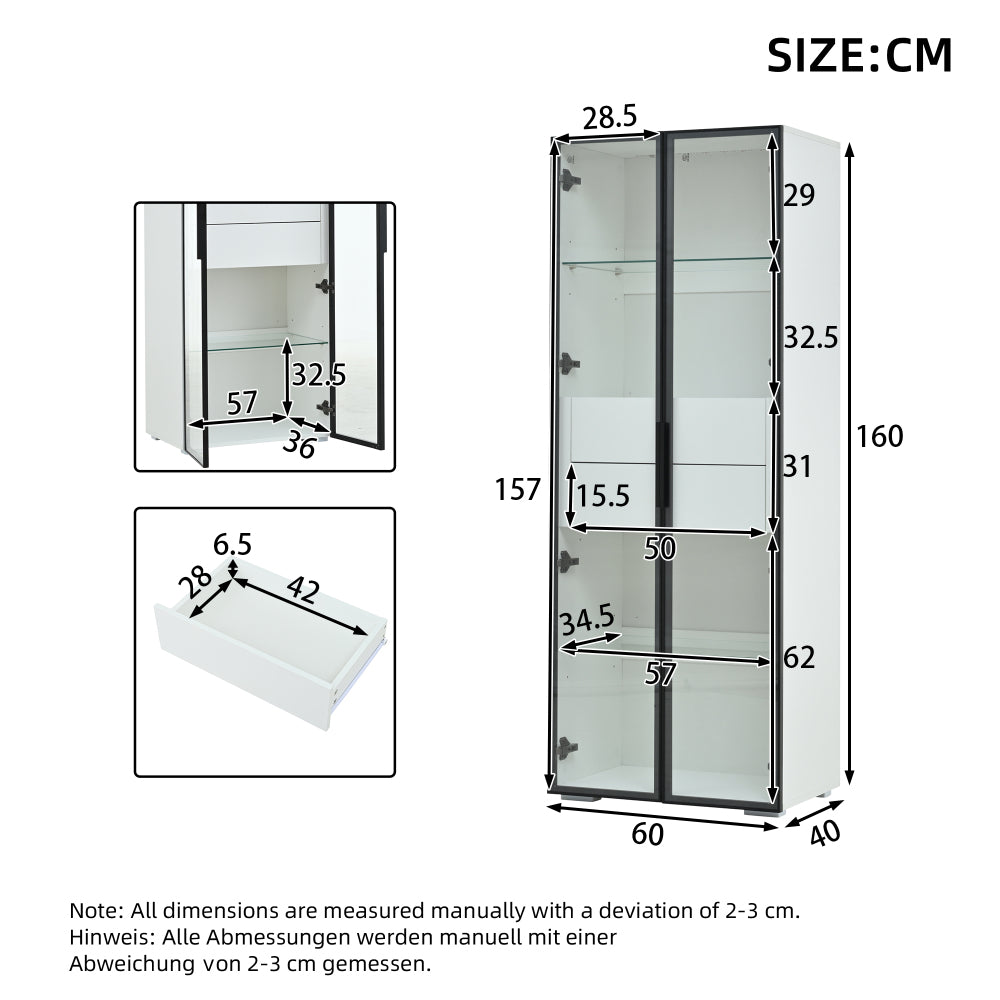 Modern Tall White Display & Storage Cabinet with 2 Glass Shelves & 2 Drawers - Sofa/Buffet/Living Room Cabinet, Space-Saving Furniture for Small Apartments, Durable Metal Frame, Contemporary Design