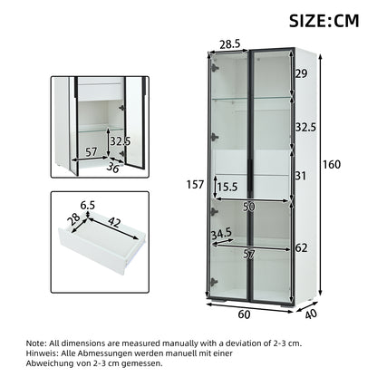 Modern Tall White Display & Storage Cabinet with 2 Glass Shelves & 2 Drawers - Sofa/Buffet/Living Room Cabinet, Space-Saving Furniture for Small Apartments, Durable Metal Frame, Contemporary Design