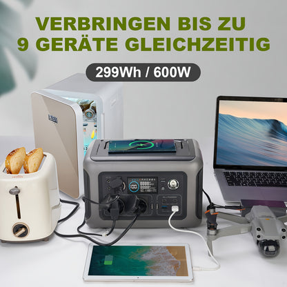 Draagbare Powerstation – Mobiele Generator – Zonne-accu – Solar Generator – Noodstroomvoorziening – 299Wh LiFePO₄ Batterij – 600W Zuivere Sinusstroom & 200W Inklapbaar Zonnepaneel