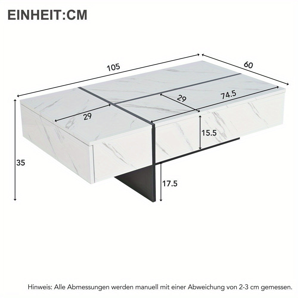 Salontafel – Koffietafel – Woonkamertafel – Bijzettafel – Salon tafel – Wit Marmerpatroon – Hoogglans Spaanplaat – 105x60x35 cm – Modern Minimalistisch Design