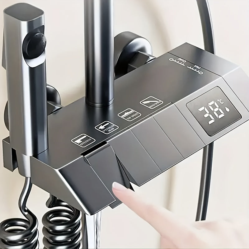 Doucheset – Regendouche – Douchegarnituur – Handdouche – Thermostaatkraan – 4-standen waterdruk – Digitaal Temperatuurdisplay – Mat Donkergrijs RVS