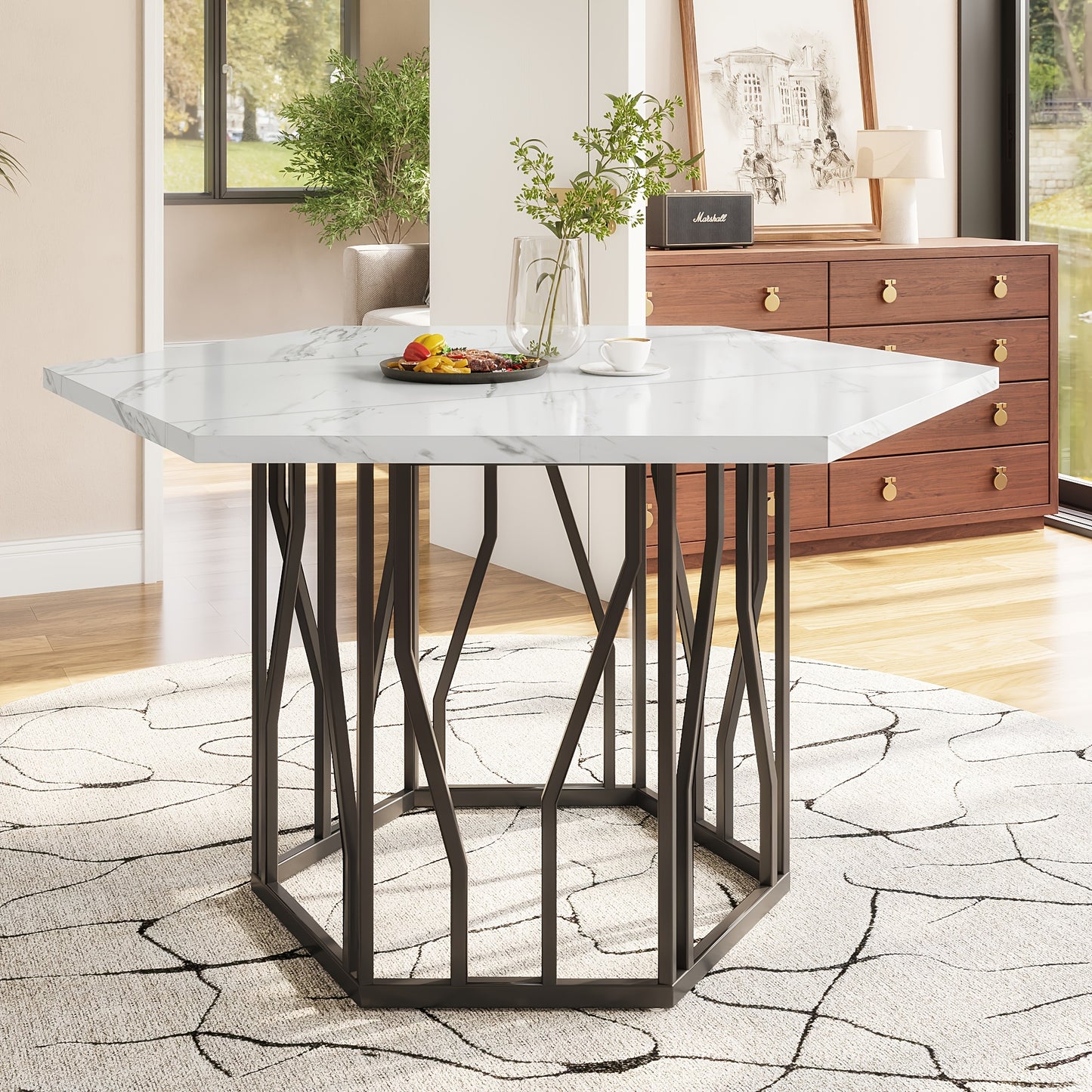 Eettafel – Tafel – Dinertafel – Salontafel – Bijzettafel – Hexagonaal Marmeren Blad – Zwart Metalen Takkenframe