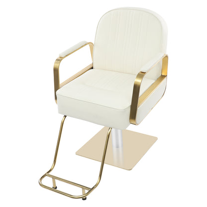 Hair Salon Chair | Height Adjustable, 360° Swivel, Golden Stainless Steel Square Base and Round Tube Footrest - Beige, NaMaSyo Brand