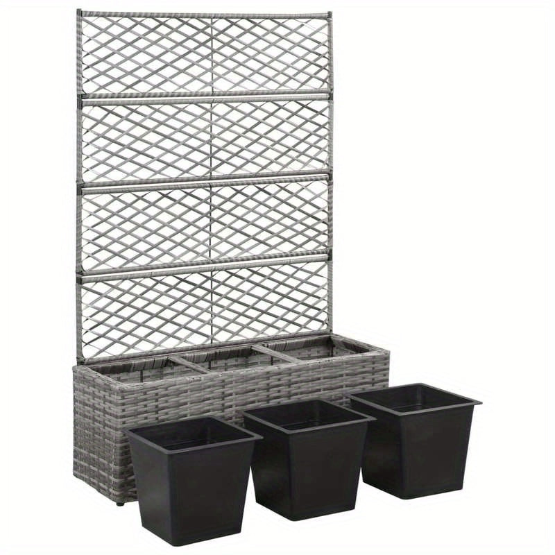 Raised Bed Met Klimrek – Bloembak – Plantenbak – Tuinbak – Bloemenbak – Polyrattan Materiaal – Inclusief 2 Verwijderbare Potten – Grijs