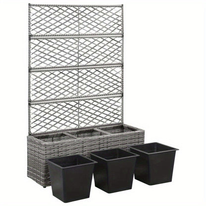 Raised Bed Met Klimrek – Bloembak – Plantenbak – Tuinbak – Bloemenbak – Polyrattan Materiaal – Inclusief 2 Verwijderbare Potten – Grijs