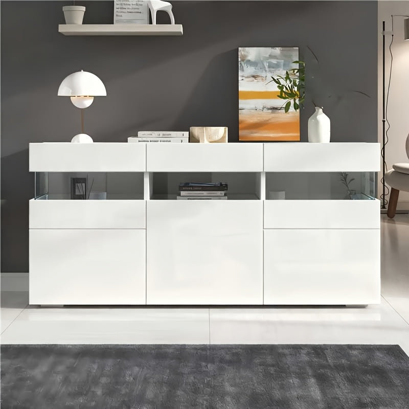 Dressoir – Sideboard – Kast – Opbergkast – Woonkamermeubel – Wit Hoogglans – 140 cm Breed – Duurzaam Bamboe – Drie Deuren Met 7 Planken