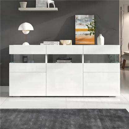 Dressoir – Sideboard – Kast – Opbergkast – Woonkamermeubel – Wit Hoogglans – 140 cm Breed – Duurzaam Bamboe – Drie Deuren Met 7 Planken