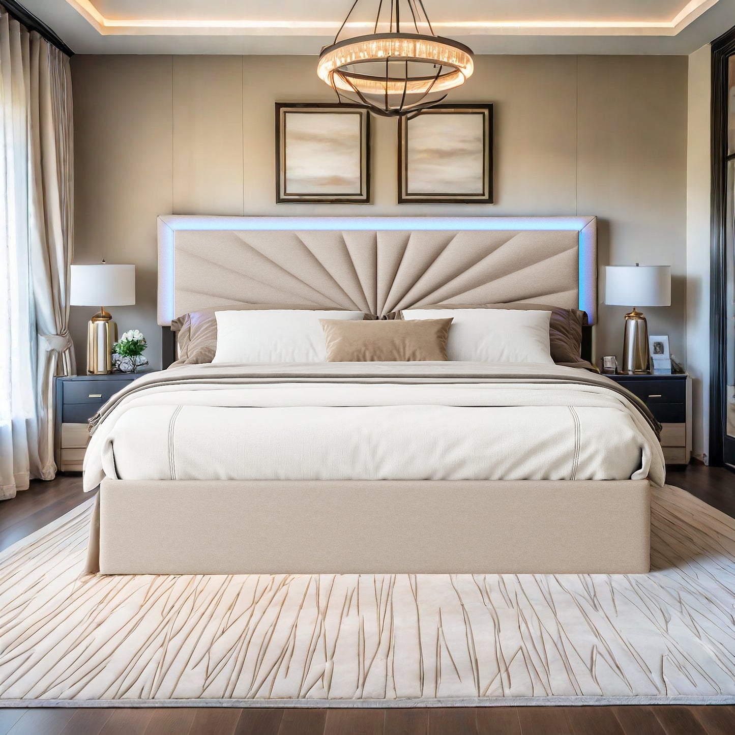 Bedframe – Gestoffeerd Bed – Tweepersoonsbed – Slaapbank – Opbergbed – 160 x 200 cm – LED-verlichting – 4 Grote Laden