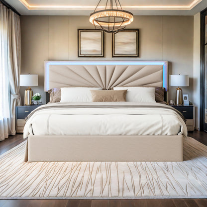 Bedframe – Gestoffeerd Bed – Tweepersoonsbed – Slaapbank – Opbergbed – 160 x 200 cm – LED-verlichting – 4 Grote Laden