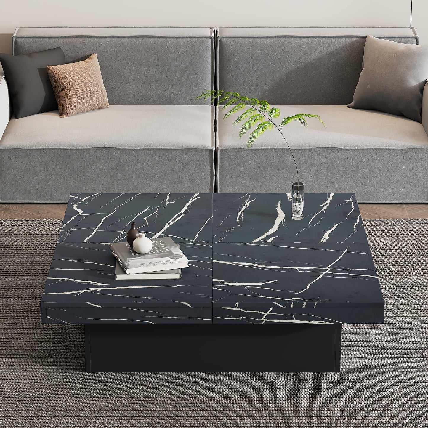 Salontafel – Koffietafel – Bijzettafel – Woonkamertafel – Tafel – Zwart – Marmerlook – Vier Lades – Schuifbaar Tafelblad – Max Belastbaar 30 kg
