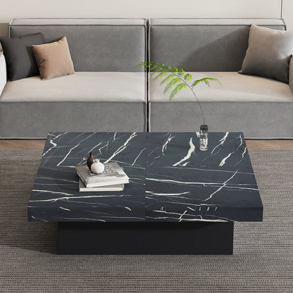 Salontafel – Koffietafel – Bijzettafel – Woonkamertafel – Tafel – Zwart – Marmerlook – Vier Lades – Schuifbaar Tafelblad – Max Belastbaar 30 kg