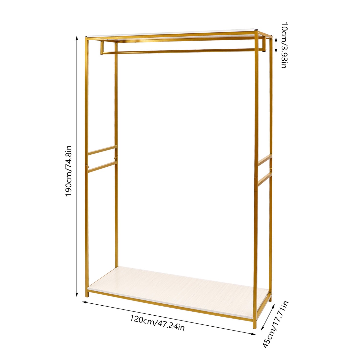 Heavy Duty Rolling Clothing Rack with Adjustable Height & 3-Tier Shelves - Golden Metal Frame Freestanding Garment Rack with Hanging Rods, Space-Saving Mobile Wardrobe Organizer for Home, Retail, Boutique - Sturdy Iron Constr