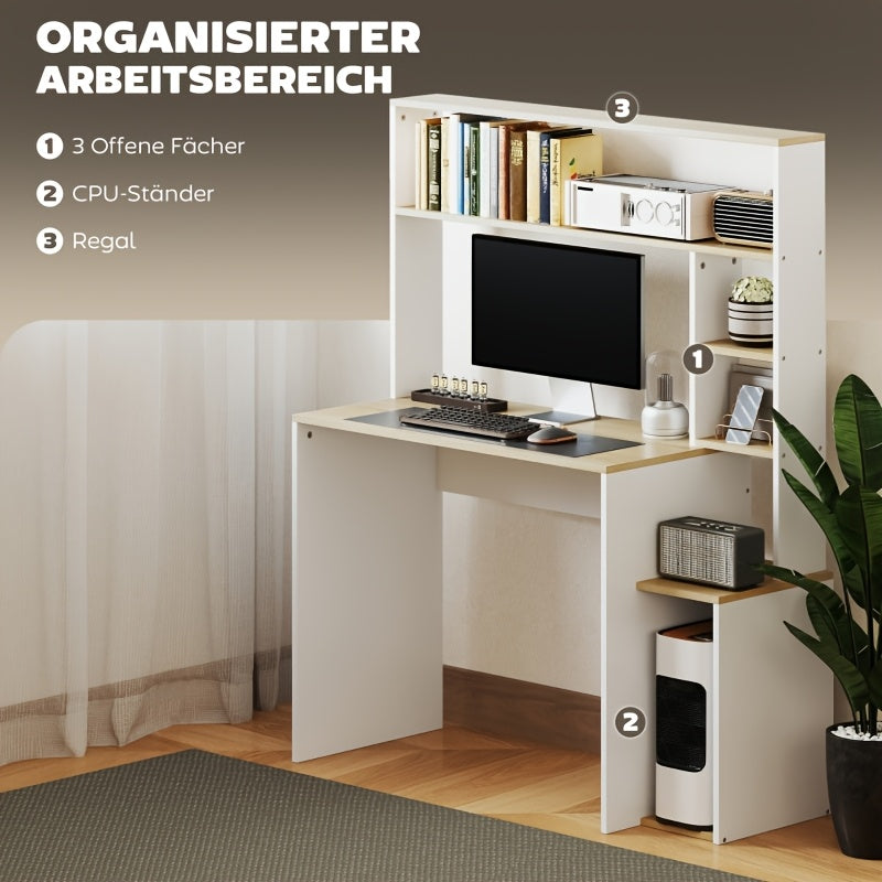 Bureau – Computertafel – Werktafel – Bureaumeubel – Computerbureau – Wit – Met Open Planken en CPU-Houder – Stabiel Metalen Frame