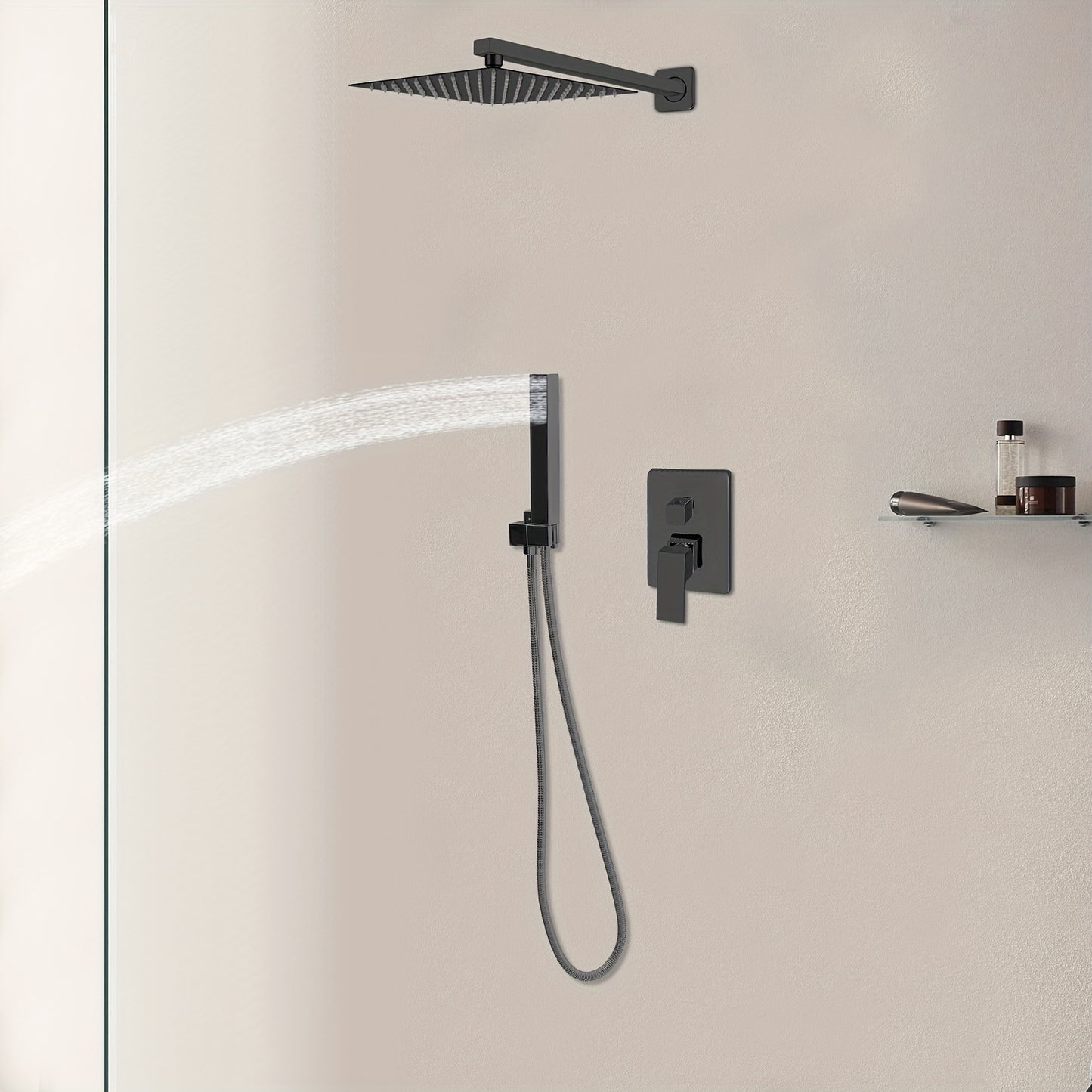 Doucheset – Regendouche – Handdouche – Douchekraan – Douchegarnituur – Messing – Mat Zwart – 25x25 cm – Waterbesparend