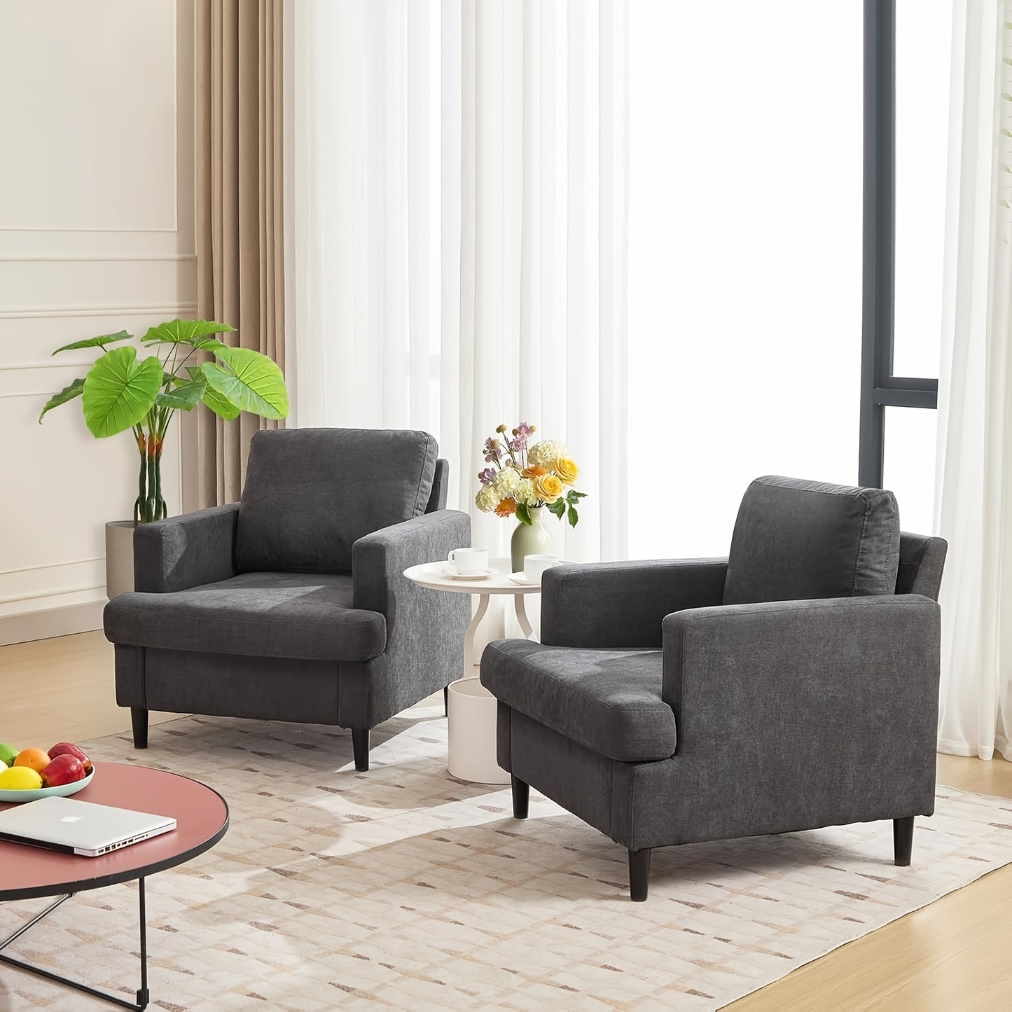 Linnen Fauteuil – Armstoel – Lounge Stoel – Accent Stoel – Zetel – Hoge Rugleuning – Armleuningen – Hoge Dichtheid Schuim – Massief Houten Poten – Max Draagkracht 350 kg – Comfortabele Zitting – Ademend Materiaal – Donkergrijs