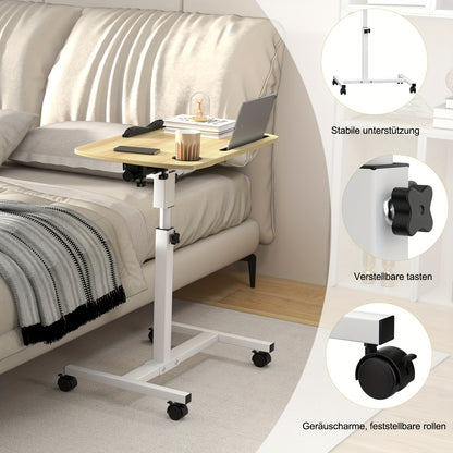 Mobile Side Table for Living Room & Home Office | Wooden Top, Lockable Wheels & Tiltable Ergonomic Design | Manual Height Adjustable 60-90cm, Scratch-Resistant Surface