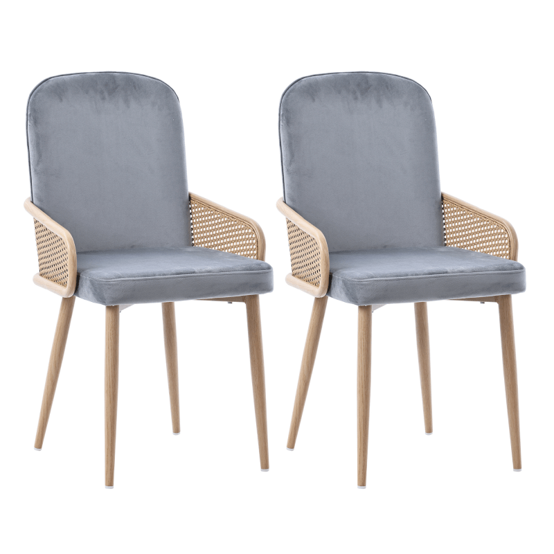 Rattan Stoel – Eetkamerstoel – Lounge Stoel – Accentstoel – Vintage Stoel – Metalen Frame – Houtnerf Effect – Set Van 2 – Compact & Comfortabel – Grijs Design