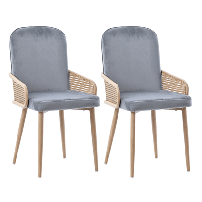 Rattan Stoel – Eetkamerstoel – Lounge Stoel – Accentstoel – Vintage Stoel – Metalen Frame – Houtnerf Effect – Set Van 2 – Compact & Comfortabel – Grijs Design