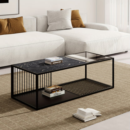 Coffee table, side table, wrought iron coffee table with glass, large storage space, decorative wire design on the sides and bottom adds modernity and artistic touch, 110*48*35cm