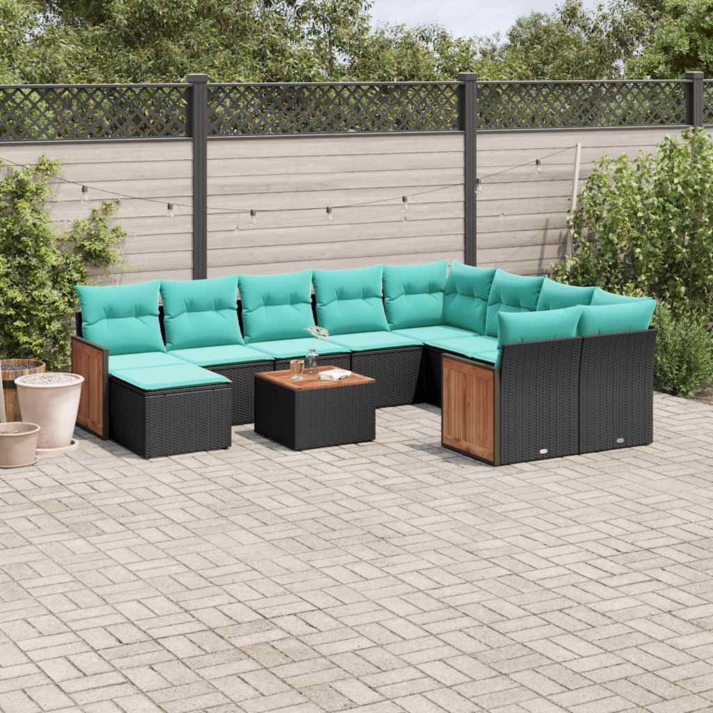 Buitenbank – Tuinbank – Zitbank – Tuinmeubel – Loungebank – Weerbestendig Polyrattan – Inclusief Tafel Met Acaciahouten Blad - Zwart