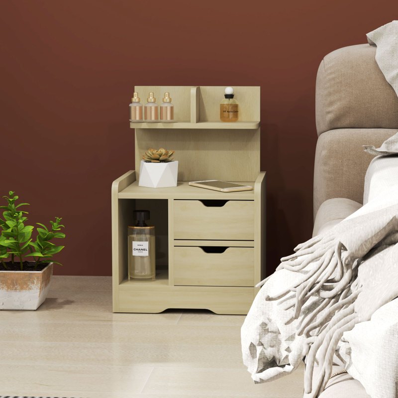 Nachtkastje – Bijzettafel – Bedkastje – Nachtkastje Met Laden – Natuurlijk Hout – 2 Lades En Open Plank – Compact 40x30x60 cm