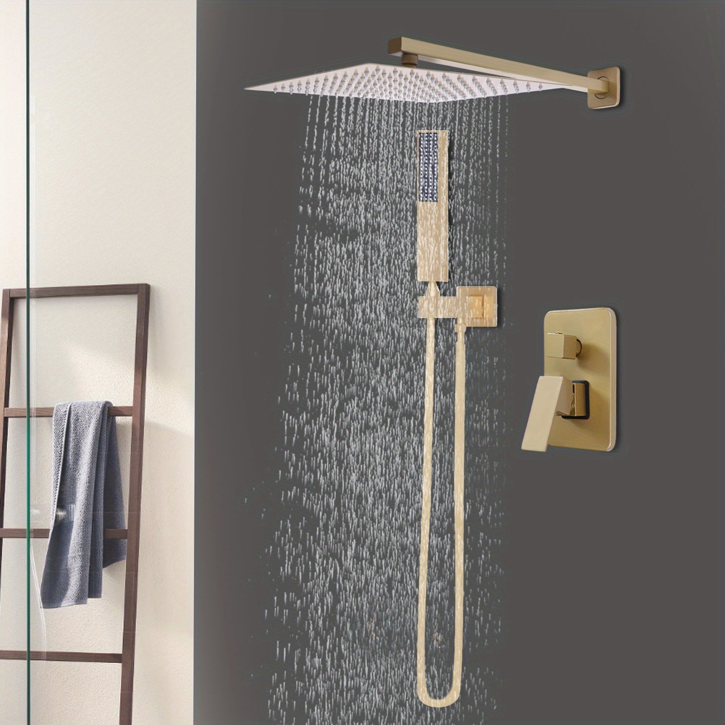 Inbouw Doucheset – Regendouche – Handdouche – Thermostaatkraan – Douchestel – 30cm Goudkleurig – Geborsteld Messing – Duale Stralen – Drukbalancerende Cartridge