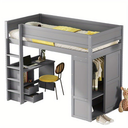Hoogslaper – Stapelbed – Kinderbed – Eenpersoonsbed – Meubelbed – Ruimtebesparend Design – Stevige Niet-Houten Constructie – Inclusief Kledingkast, Bureau en Lade – Neutraal Grijs – Eenvoudige Montage
