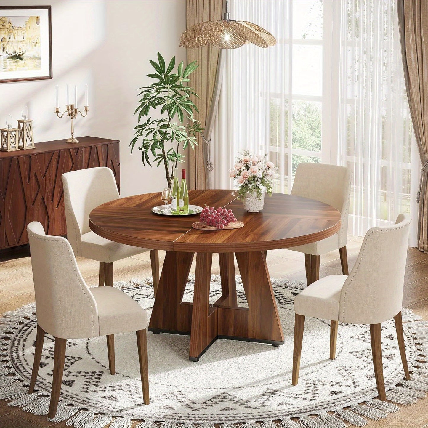 Eettafel – Ronde Tafel – Eetkamertafel – Houten Tafel – Ronde Eettafel – 119 cm Diameter – Walnoot Hout – Stevige Pedestal Onderstel