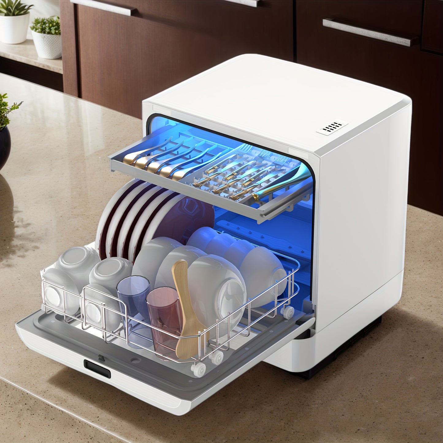 Draagbare Aanrechtvaatwasser – Mini Vaatwasser – Compacte Afwasmachine – Tafelmodel Vaatwasser – Mobiele Vaatwasser – 5-in-1 Wasprogramma’s – Zelfaanzuigend Water Systeem