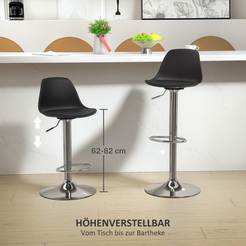 Barstoel – Barkruk – Barstoel Kruk – Barstoelen – Barkrukken Set van 2 – Verstelbare Zithoogte – Draaibare Rugleuning 360° – Stalen Frame – Zitting van Synthetisch Leer – Zwart