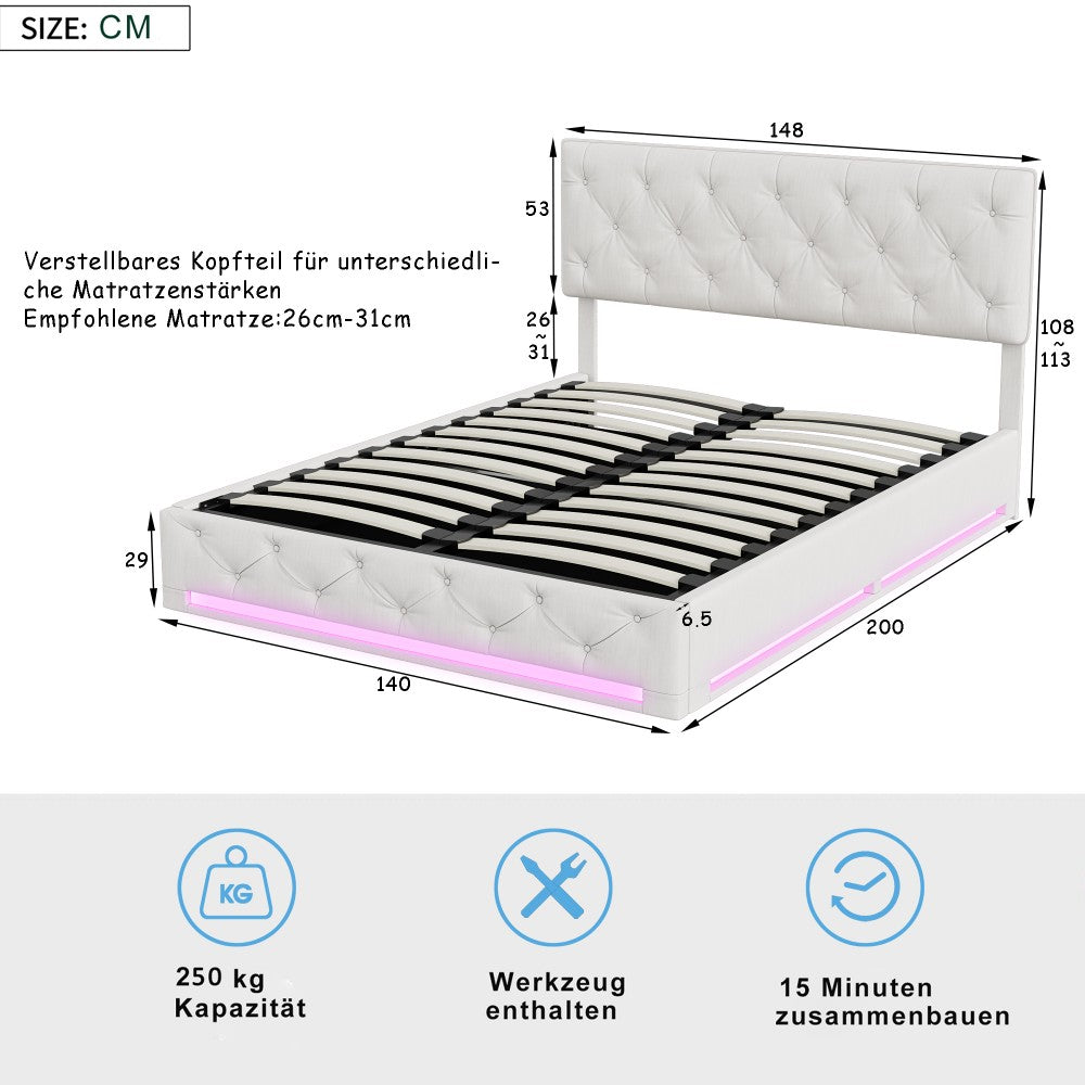 Opbergbed – Led Bed – Sleeplift Bed – Slaapbank – Bedkast – 160x200 cm – Linnen Hoofdeinde – USB Oplaadpoort