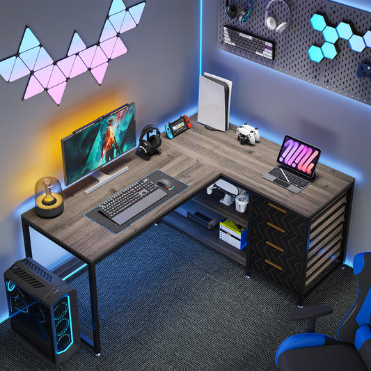 L-Vormige Computerbureau – Hoekbureau – Werktafel – Bureau Met Laden – Studieplek – Grijs – Reversibele Opstelling – Stevige Metalen Frame
